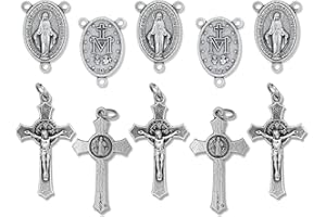 Caritas et Fides Italian Rosary Making Kit for 5 Rosaries - Catholic Rosary Cross and Center Sets with 1.5” St Benedict Crucifix and 1” Miraculous Medal Rosary Center Pack of 5 Bulk Rosary Parts