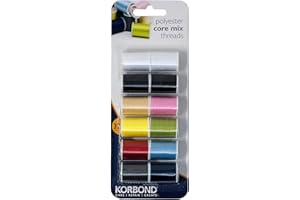 KORBOND Core Mix Selección de 12 bobinas de Hilo de poliéster, 10 Colores Diferentes, para Coser a Mano y a máquina, remendar y Hacer Manualidades, Multi, 32 m Cada una, 384
