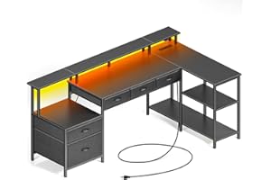 ‎ROLANSTAR Rolanstar Schreibtisch L Form mit Schubladen, reversibler Gaming Tisch mit Steckdose, LED & Monitorständer 163 cm Computertisch für Büro Arbeitszimmer Schlafzimmer