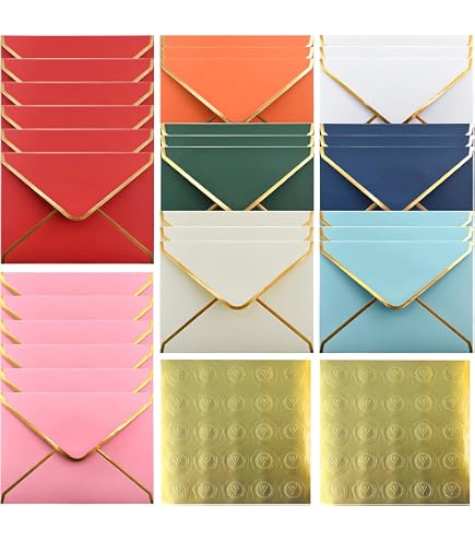 Lot De 30 Enveloppes Colorées Avec Bordure Dorée - Format 13.3x18.3 Cm, Rabat En V, Autocollants Cœur Doré, Pour Mariage, Fête, Invitations, Cartes Faites Main - 11