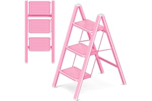 GameGem 3 Step Ladder, 3 Step Stool for Adults, Folding Step Ladder with Secure Footing, Widened Pedal, Aesthetically Pleasing Looking, Blends Right into Domestic Rooms, Pink