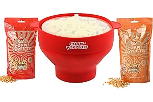CORN POPPETS | Poppeur à Popcorn sans Huile pour Micro-Ondes | Rouge + 2 Sacs de Grains de Popcorn aux Saveurs sucrées et salées