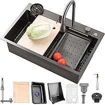 Lavello Cucina Cascata Grigio Scuro 86x50 Cm - Acciaio Inox Nano, Rubinetto Estraibile, Accessori Inclusi