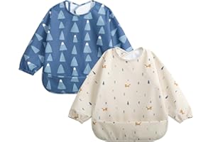 Little Dimsum Babero Impermeable de Manga Larga, 2PCS Baberos para Bebés, Baberos para Bebés Impermeables, Delantales Pintados para nifos para ninos de 6 a 3 anos, (Montañas nevadas&Zorro)