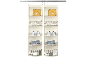‎BRILLIANTJO BrilliantJo 2er Set Hängeregal Kleiderschrank Organizer,Hängeregal Stoff, 5 Fächer hochwertige Hängeaufbewahrung mit Eisengestell Hängeregal Organizer Aufbewahrungssystem 30 x 30 x 108 cm Beige