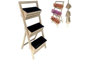 CAWI Macetero de varios pisos con macetas de plástico, diseño de madera resistente para balcón y jardín natural