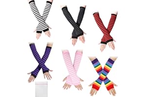 ZOCONE 6 Pairs Striped Long Fingerless Gloves for Women, Striped Arm Warmers Gloves Long Wrist Warmers with Laundry Bag | Stretchy Knitted Arm Warmers Autumn Winter Accessories for Women Girls