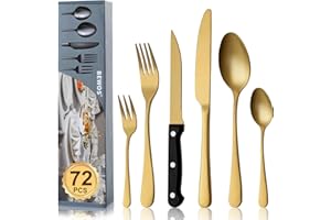 BEWOS set posate da 72 pezzi con coltelli da bistecca per 12 person, Oro posate in acciaio inox per la cucina, set di coltelli, cucchiai, forchette con lucidatura a specchio, lavabile in lavastoviglie