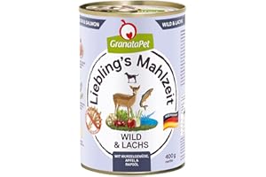 GranataPet Favouriten's Meal Wild & Lachs, mokra karma dla psów bez zbóż i bez dodatku cukru, kompletna o wysokiej zawartości mięsa i wysokiej jakości olejów, dziszyzna i losos, 400 g (6er Pack)