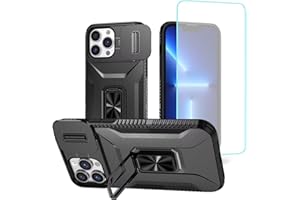 Wanyuexes Hülle für iPhone 13 Pro Max Case, Schutzhülle mit Schutzfolie, Kameraschutz Kartenschlitz, 360° Metall Ring Ständer Stoßfest Handyhülle für iPhone 13 Pro Max schwarz