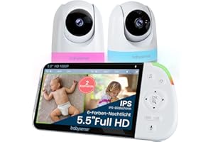 Babysense Full HD Split-Screen-Babyphone mit 2 Kameras, Nachtlicht in 6 Farben, Geräusch- & Lichtmaschine, 20-Stunden-Akku, abhörsichere Verbindung ohne WLAN