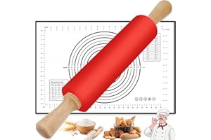 BOCHION Rouleau a Patisserie en Silicone, Rouleau à Pâtisserie avec Poignées Bois + Tapis Silicone Patisserie, Antiadhésif Surface, Rouleau Patisserie pour la Cuisson de Pizza, Gateau, Pâte, Biscuit
