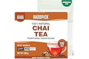 HANDPICK Masala Chai Tea Bags from India (100 Count) Strong Robust & Aromatic - Cinnamon Black Pepper Cloves & Cardamom - Premium Quality Eco-conscious Round Bags