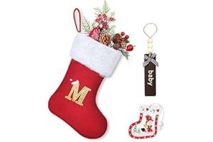 Homemari Personalised Christmas Stockings with Letters 30 cm Embroidered Santa Stocking Christmas Stockings White Plush Cuffs Fireplace Hanging Ornaments Gift Holder for Christmas Tree M