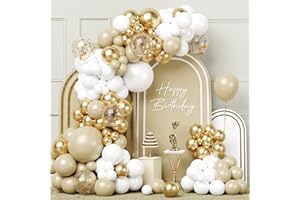 NETNOLOGY Arco Palloncini Oro Bianco, 100pcs Kit Ghirlanda Palloncini Bianco Sabbia Oro Nudo, Decorazione Festa Compleanno Oro Bianco Beige per Laurea, Boho Matrimonio Fidanzamento, Baby Shower, Mubarak Ramadan