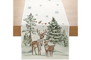 MORLUKS Bieżnik na stół bożonarodzeniowy, biały, obrus bożonarodzeniowy, renifery, choinka, płatki śniegu, dekoracja stołu na Boże Narodzenie, obrus zimowy, do jadalni, kuchni, na urlop, imprezę, dekoracja