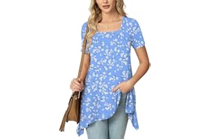 POPYOUNG Ladies Tunic Tops to Wear with Leggings Short Sleeve Floaty Square Neck Blouse Summer Dressy Casual Longline Shirts for Women