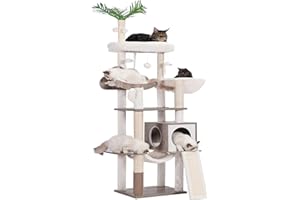 Heybly Arbre à Chat Moderne, Arbre à Chat en Bois avec 5 Griffoirs, Planche à Griffer, Panier, Tour de Jeu 156 cm, Niche, Plateforme, Hamac, 3 Pompons, Tapis Lavables, Gris Rustique HCT120SG