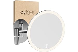 ‎OVIMAR ovimar Kosmetikspiegel Vorupor Silber | mit Beleuchtung | wiederaufladbar | Wandmontage ohne Bohren | im Badezimmer | 5fach Vergrößerungsspiegel | Schminkspiegel mit Licht | 360 Grad