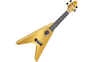 Rocktile FV-04 GD Ukulélé - Ukulélé soprano au design Heavy - Mensure : 343 mm - Longueur totale : 60,5 cm - Corps et manche en tilleul - Équipé de cordes Aquila Super Nylgut - 2 attaches sangle - Or