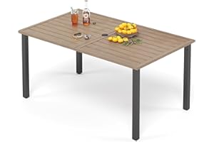 ‎PHI VILLA PHI VILLA Gartentisch mit Schirmloch Terrassentisch Gartentische Wetterfester 152x92x73cm Rechteckiger Outdoor Tisch mit Holzähnlicher Metall Tischplatte 4cm Schirmloch für Terrasse Bistro Garten