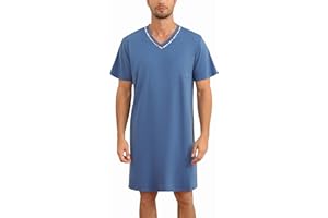 Demegimi Camisa de Dormir para Hombre Verano Conjunto de Pijama Hombre Camisón de Algodón Pijama Corto Hombre con Cuello en V Conjunto Pijama Hombre Fresco Verano