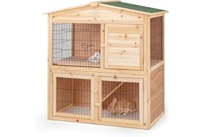 lionto Kaninchenstall aus Holz auf Zwei Etagen mit Rampe, 98x54x100 cm, wasserabweisendes Bitumendach & Metallgitter, Hasenstall Winterfest für draußen mit 4 Eingängen