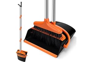 Tatxmalv Ensemble Balai et Pelle à Poussière, Kit de Balayage Verticale, Pelle Pliable avec Design de Peigne, Balai Rétractable, Ensemble de Balayage Convient pour Maison,Bureau, L'étude (Orange)