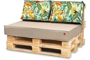 Bielik Coussin Palette 120x80 Set pour Canapé Palette, Impermeable Coussin pour Salon de Jardin Fabriqué en UE, Complet pour Meuble Palette de 3 Pièces:120x80cm + 2x 60x40cm, Beige clair+Perroquets