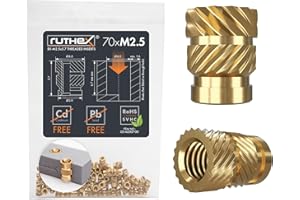 ruthex M2,5 wkładka gwintowa – 70 sztuk RX-M2,5x5.7 złącze z mosiądzu – Stabilna nakrętka do elementów plastikowych –wprowadzanie do wydrukowanych w 3D części za pomocą ciepła lub ultradźwięków