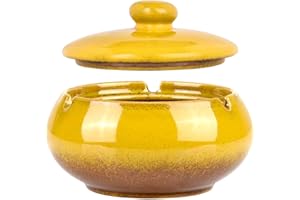AIRMSA Posacenere in ceramica con coperchi, Sigarette Posacenere Antivento, Vassoio per cenere da fumo da tavolo, Posacenere per sigarette per uso interno o esterno, per Casa, Ufficio, Balcone (Giallo)