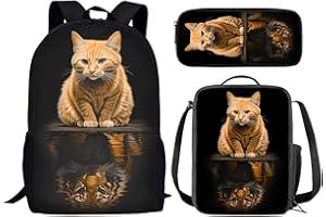 chaqlin Juego de 3 mochilas escolares para niños, mochila con bolsa de almuerzo, bolsa para lápices, animales, dinosaurio, lobo, fútbol, bolsas de libros para niños y niñas, Animal gato y tigre, Talla