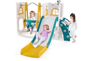 RELAX4LIFE 7 in 1 Scivolo per Bambini, Parco Giochi con Altalena, Scala da Arrampicata e Telescopio, Giochi Montessori per Interni, Palestra per Bambini 1 Anni + (Avanzato, Giallo+Verde)