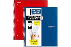 Five Star Notatniki spiralne + aplikacja edukacyjna, 2 sztuki, 1 przegródka, papier College, w linie, 100 kartek, 27,9 x 21,6 cm, Pacific Blue, Fire Red (38452)