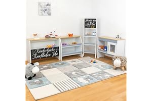 Coemo Kaufladen und Spielküche Ida in einem, 4er-Set mit Spülbecken, große Kinderküche, Spielzeugküche, Holzküche mit Kreidetafel, Küche für Kinder ab 3 Jahren, Farbe Grau