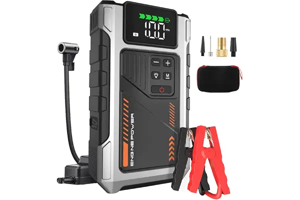 Eigotrav Arrancador de Baterias de Coche con Compresor de 150 PSI, 6000A Arrancador de Coche(para 9.0L Gasolina o 7.5L Diesel), Booster Bateria 12V con Pantalla LCD, Linterna LED, Plata