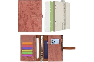 Wonderpool A5 Carnet de notes en cuir rechargeable 6 anneaux classeur avec papier pointillé l'écriture laitière et la couverture multi-poches pour les voyages d'études commerciales (A5, Brun)