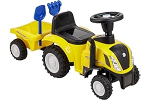 Baroni Toys Trattore Ride-On con Rimorchio per Bambini dai 12 a 36 mesi, Trattore con Clacson ad Aria, Volante Sterzante, Suoni e Fari Funzionanti, Paletta e Rastrello Inclusi, 29x91x44 cm, Giallo