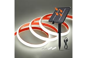 HEGEHE 24V Solar COB Neón Tira, 8 Modos al aire libre IP68 cadena de luces autoadhesivas, Tira de luz solar Cuttable 5cm, 320LEDs/m Super brillante COB Neon LED tira para Garten (Blanco Frio，5m)