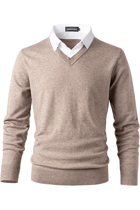 Pull Tricoté Sexy à Col En V Profond For Homme, Coupe Ajustée, Léger, Vintage, Décontracté, Manches Longues, Haut En Tricot(Beige,Small