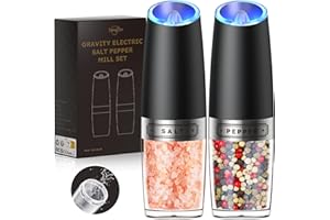 SANGCON-EP Sangcon Set Macina Pepe e Sale Elettrico a Gravità, Capacità 6Oz, Funzionamento Senza Sforzo con una Sola Mano, Spessore Regolabile, con Luce LED, Alimentazione a Batteria AAA, Confezione da 2(Nero)