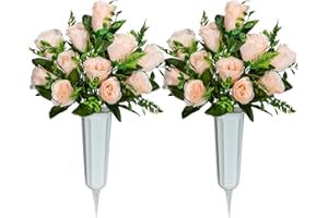SIFOEL Flores Artificiales Cementerio con florero, Rosas Artificiales Flores conmemorativas para la decoración lápida del Cementerio (Champagne)