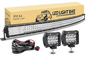 PICAA Led Barre Lumineuse 7D Triple Rangée Incurvé 50 pouces 125cm 648W Rampe a led barre de led avec de 2X 4 pouces Phare de Travail LED 12V 24V hors route Voiture Véhicules 4x4 SUV ATV Camion