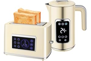 ‎HOMCOM HOMCOM Wasserkocher Toaster Set 1,7L Edelstahl Wasserkocher 2 Scheiben Toaster mit 6 Bräunungsstufen, LED-Touchscreen 2200W Frühstücksset mit Memory-Funktion, Auftauen, Aufwärmen, Krümelfach Creme