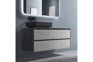 doporro Mobile Bagno Sospeso 120 cm Naturale Chiaro, Mobiletto Sottolavabo con Lavabo da Appoggio in Marmoresina Antracite e 4 Cassetti Soft Close, Mobili Arredo Bagno Spazioso Seria Normal