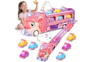 RoserRose Jouet de Camion Licorne pour Fille 2 3 4 5 6 Ans, Enfant Camion Transporteur Voiture avec 6 Mini-Voitures et Piste de Course, avec Lumières et Musique, Cadeau Enfant 2 Ans Fille