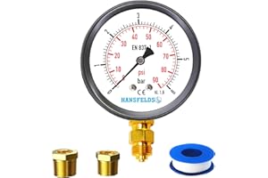 Hansfelds Pressure Gauge 0–6 bar/psi, 63 mm Dial, Brass G1/4" BSP Bottom Connection, Accuracy Class 1.6, includes 2 Reducers (3/8" and 1/2")