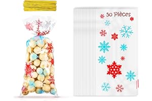 Rnitle Sachet Biscuit Noel,50 Pièces Sachets en Plastique Noël pour Bonbons & Biscuits,Christmas Sachets Transparents pour Patisserie Gateau Chocolat,avec 50pcs Attaches Torsadées-27x13cm