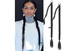 Fulang Hair 2PCS Braid Ponytail Extension, Zopf mit Haargummi, Haarteil zum Einflechten Lang Ponytail, Kunsthaar für Frauen, Geflochtener Haarteil (1B#)