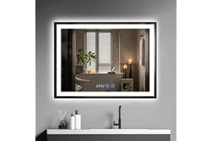 YOURLITE Bathroom Mirror with LED Light 600 x 800 MM Backlit Illuminated Wall Mounted Vanity Mirror with Demister Anti-Fog, Dimmable 3 Color LED Light Touch Control Time Display IP44